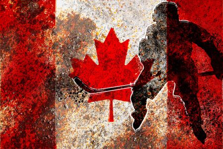 Canada flag with a silhouette of a black color hockey playerの写真素材