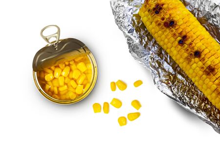 Sweet corn in a tin can and grilled corn in aluminum foil on a white background. Top view.の写真素材