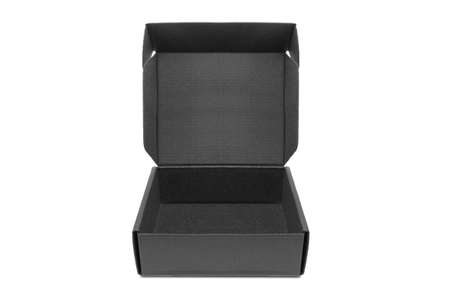 close-up single carton box open empty isolated on white background, black parcel cardboard box for...