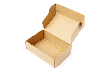 close-up single carton box open empty isolated on white background, brown parcel cardboard box for...