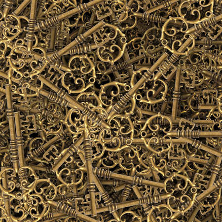 Pile of many different yellow old metal keys choices to open a door. Vintage close-up background