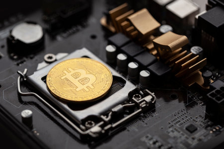 Bitcoin over computer motherboard, top view. Crypto money production technology and DeFi Finance...