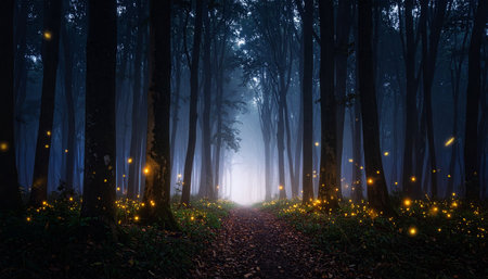 Magical path with fireflies glowing in dark forest at night with fog and light at the end of the tunnelの素材