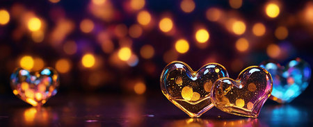 Stylish 3D illustration with golden hearts, glitter, glass and sexy romantic elements on a dark background for Valentine's Dayの素材