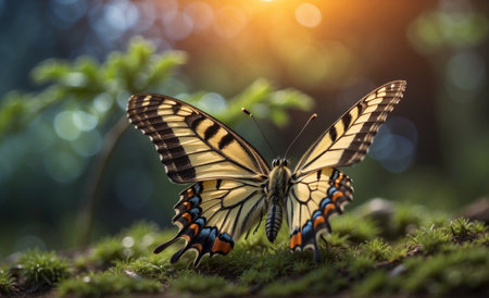 A beautiful butterfly sitting on top of a moss covered ground, with a sunrise in the background, a macro shot. generative aiの素材