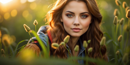 Beautiful young girl with long, healthy, shiny, wavy hair lying on the grassの素材