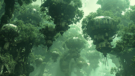 Futuristic cityscape with strange houses among towering greeneryの素材