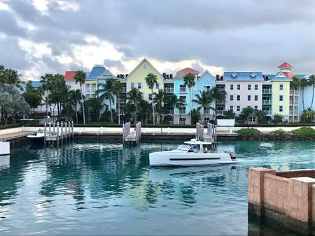 Colorful houses on the water at Nassau, Bahamasのeditorial素材