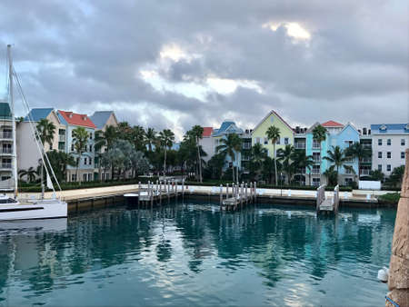 Colorful houses on the water at Nassau, Bahamasのeditorial素材