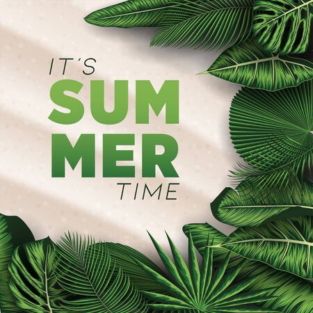 Vector Summer Holiday Illustration with Tropical Leaves Typography Letter on Beach Sands Background.のイラスト素材