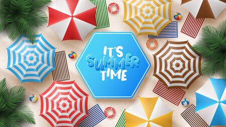 Vector Summer Holiday Illustration with Beach Ball, Palm Leaves, Surf Board and Typography Letter on Beach Sands Background.のイラスト素材