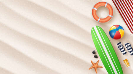 Vector Summer Holiday Illustration with Beach Ball, Palm Leaves, Surf Board and Typography Letter on...