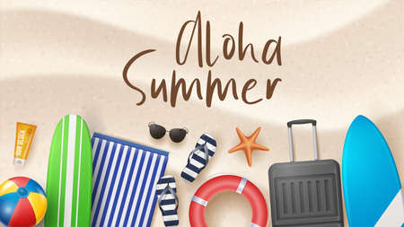 Vector Summer Holiday Illustration with Beach Ball, Palm Leaves, Surf Board and Typography Letter on...