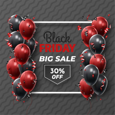 Black Friday Sale Poster with Shiny Balloons on Black and White Background. Universal vector background for poster, banners, flyers, card. vector illustrationのイラスト素材