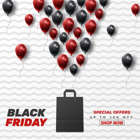 Black Friday Sale Poster with Shiny Balloons on Black and White Background. Universal vector background for poster, banners, flyers, card. vector illustrationのイラスト素材
