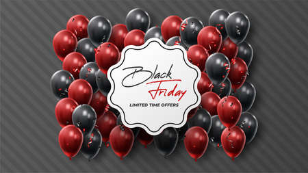 Black Friday Sale Poster with Shiny Balloons on Black and White Background. Universal vector background for poster, banners, flyers, card. vector illustrationのイラスト素材