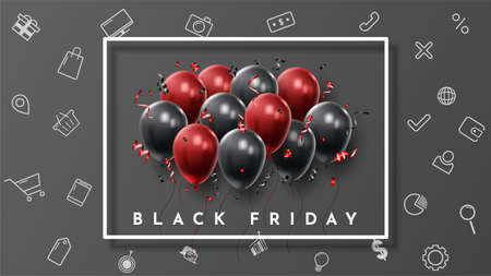 Black Friday Sale Poster with Shiny Balloons on Black and White Background. Universal vector background for poster, banners, flyers, card. vector illustrationのイラスト素材