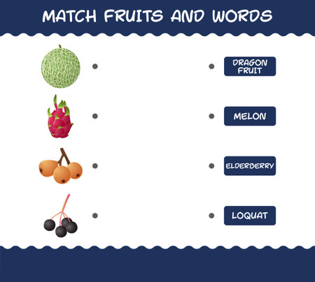 Match cartoon fruits and words. Matching game. Educational game for pre shool years kids and toddlersのイラスト素材