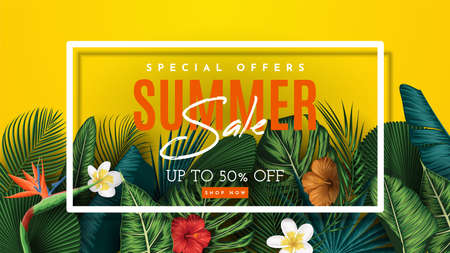 Summer Sale Banner With Tropical Leaves Background. Vector Illustration