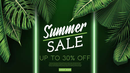 Summer Sale Banner With Tropical Leaves Background. Vector Illustrationのイラスト素材