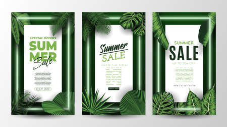 Summer Sale Banner With Tropical Leaves Background. Vector Illustrationのイラスト素材