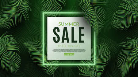 Summer Sale Banner With Tropical Leaves Background. Vector Illustrationのイラスト素材