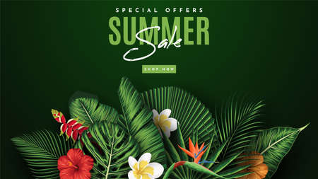Summer Sale Banner With Tropical Leaves Background. Vector Illustrationのイラスト素材
