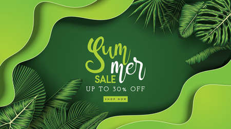 Summer Sale Banner With Tropical Leaves Background. Vector Illustrationのイラスト素材