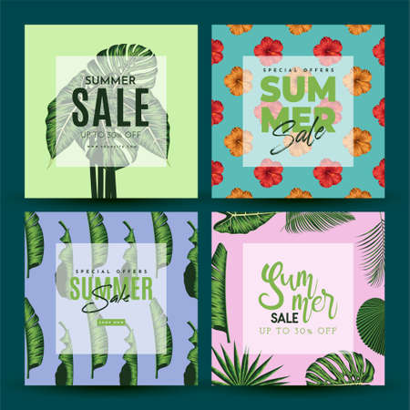 Summer Sale Banner With Tropical Leaves Background. Vector Illustrationのイラスト素材