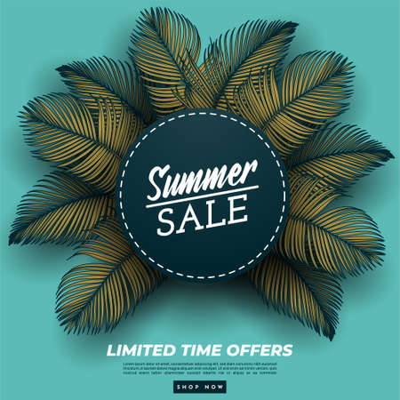 Summer Sale Banner With Tropical Leaves Background. Vector Illustrationのイラスト素材