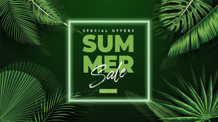 Summer Sale Banner With Tropical Leaves Background. Vector Illustrationのイラスト素材