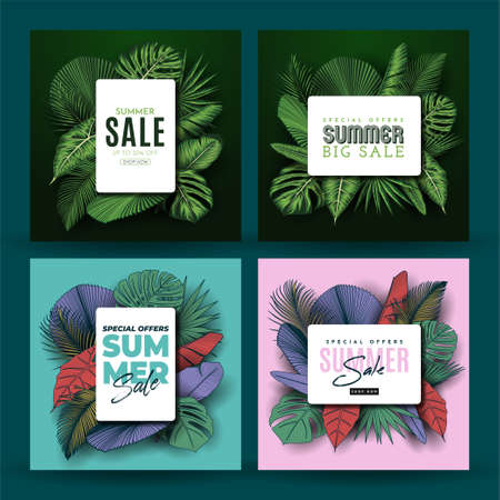 Summer Sale Banner With Tropical Leaves Background. Vector Illustrationのイラスト素材