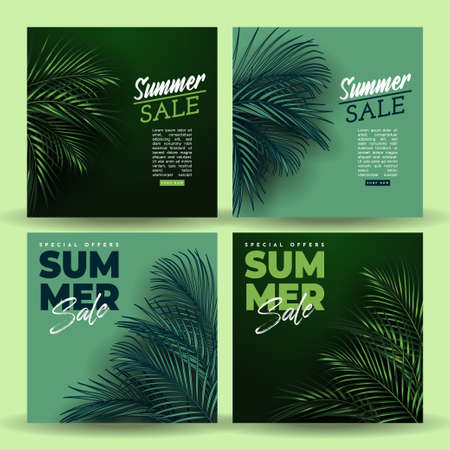 Summer Sale Banner With Tropical Leaves Background. Vector Illustrationのイラスト素材