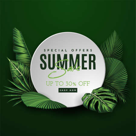 Summer Sale Banner With Tropical Leaves Background. Vector Illustrationのイラスト素材