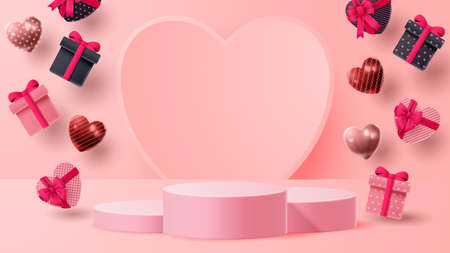 Valentine's day 3D podium product presentation for banner, advertising, and business. vector...