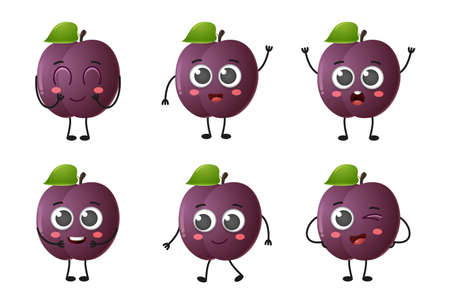 Set of cute cartoon plum fruit vector character set isolated on white backgroundのイラスト素材