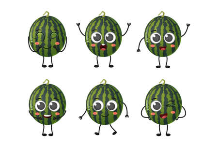 Set of cute cartoon watermelon fruit vector character set isolated on white backgroundのイラスト素材