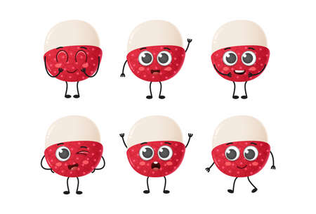 Set of cute cartoon lychee fruit vector character set isolated on white backgroundのイラスト素材