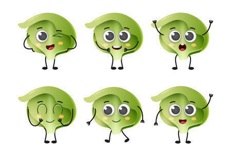 Set of cute cartoon iceberg lettuce vegetables vector character set isolated on white backgroundのイラスト素材