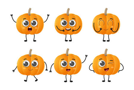 Set of cute cartoon pumpkin vegetables vector character set isolated on white backgroundのイラスト素材
