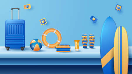 Summer display podium decoration background with beach ornament. Vector 3D Illustrationのイラスト素材