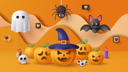 Halloween display podium decoration background with scary ornament. Vector 3D Illustrationのイラスト素材
