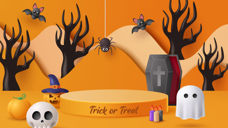 Halloween display podium decoration background with scary ornament. Vector 3D Illustrationのイラスト素材