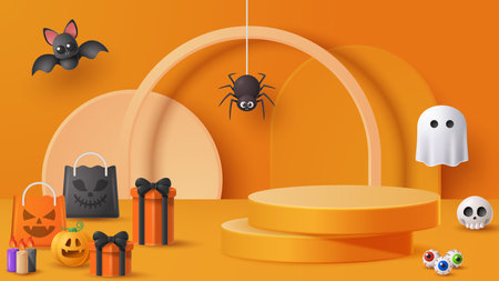 Halloween display podium decoration background with scary ornament. Vector 3D Illustrationのイラスト素材