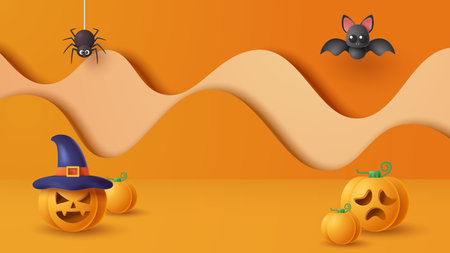 Halloween display podium decoration background with scary ornament. Vector 3D Illustrationのイラスト素材