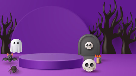 Halloween display podium decoration background with scary ornament. Vector 3D Illustrationのイラスト素材