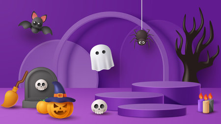 Halloween display podium decoration background with scary ornament. Vector 3D Illustrationのイラスト素材