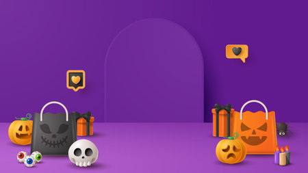 Halloween display podium decoration background with scary ornament. Vector 3D Illustrationのイラスト素材