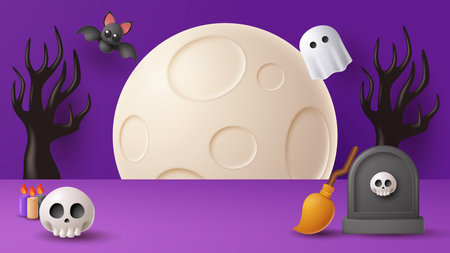 Halloween display podium decoration background with scary ornament. Vector 3D Illustrationのイラスト素材