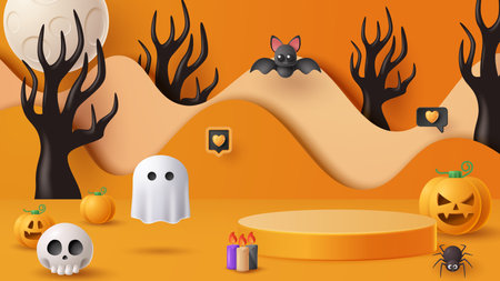 Halloween display podium decoration background with scary ornament. Vector 3D Illustrationのイラスト素材
